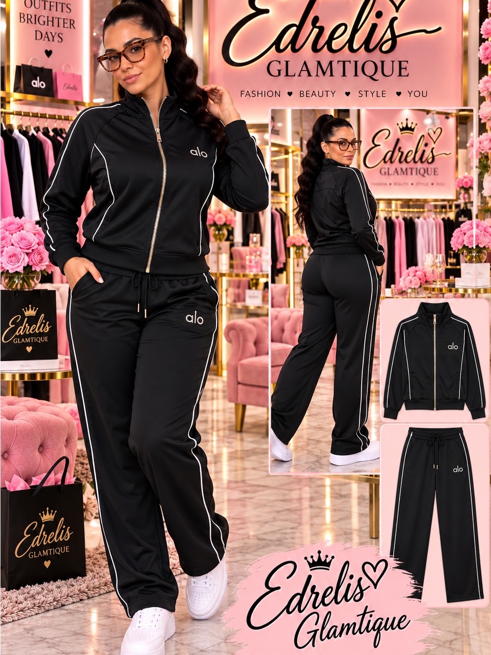 Women’s Black Track Suit with White Piping — Slim Jogger Style